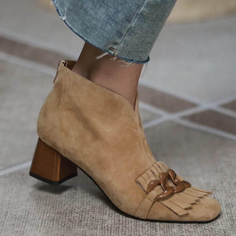 Ladies Sheep Suede Fringe Ankle Boots