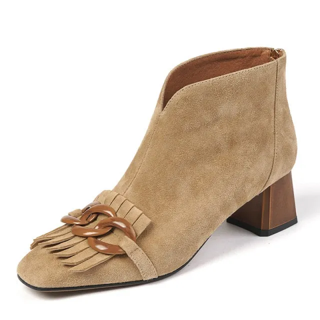 Ladies Sheep Suede Fringe Ankle Boots