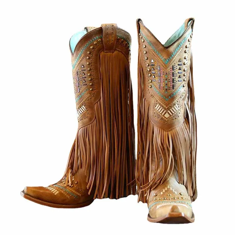 Mid Calf Cowgirl Boots Western Country Boots with Fringe