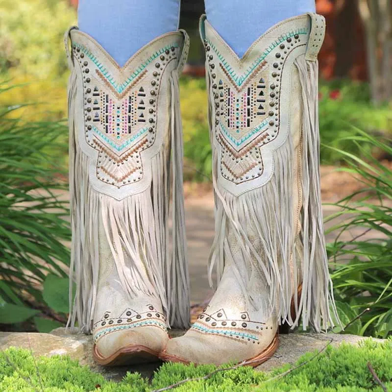 Mid Calf Cowgirl Boots Western Country Boots with Fringe