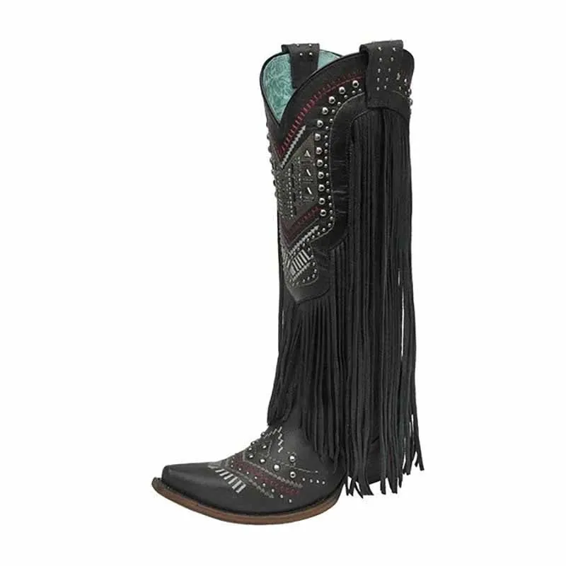 Mid Calf Cowgirl Boots Western Country Boots with Fringe