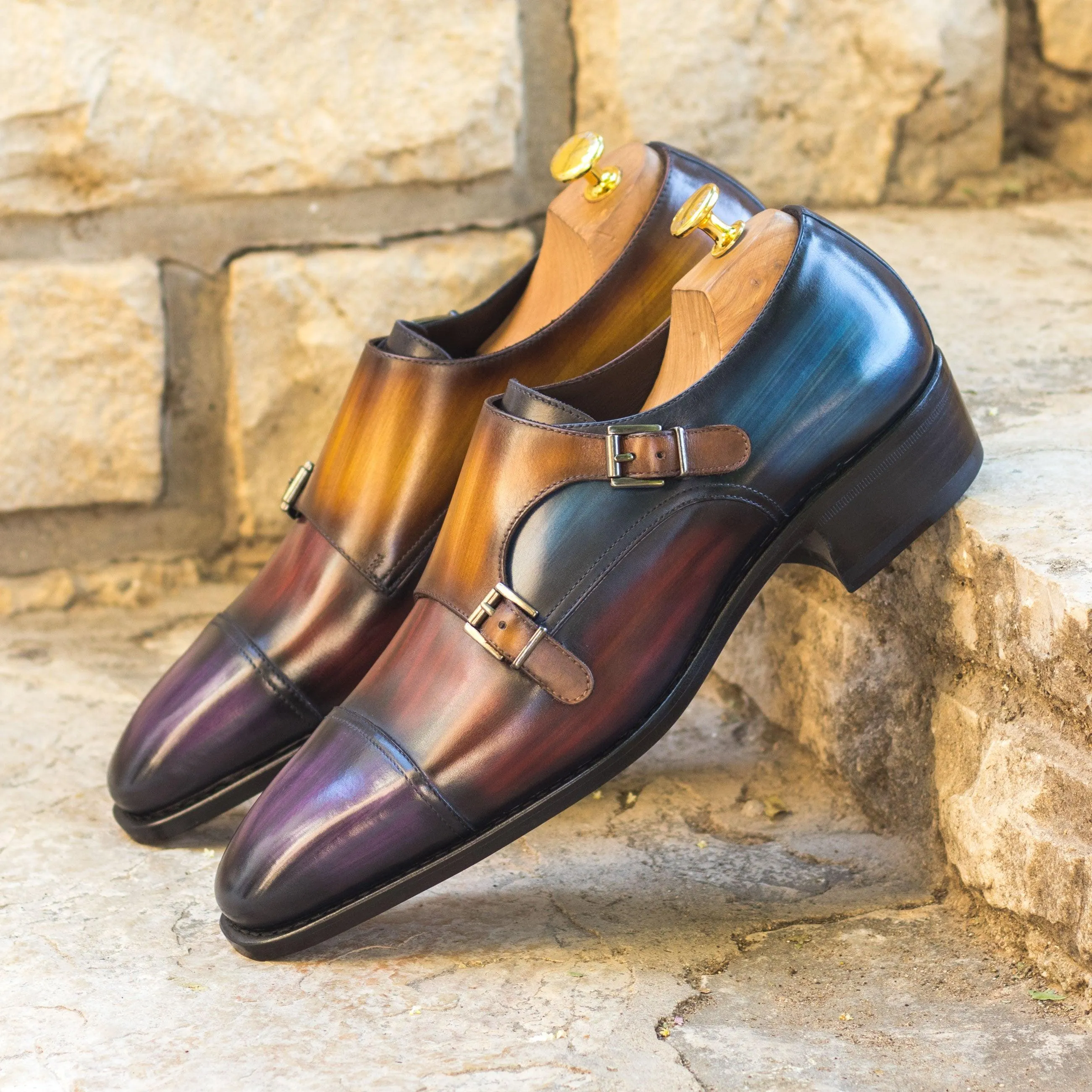 Multi-Colored Patina Leather Double-Monk Shoes