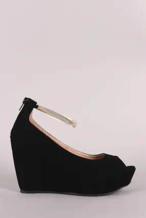 Nubuck Peep Toe Metallic Ankle Strap Platform Wedge