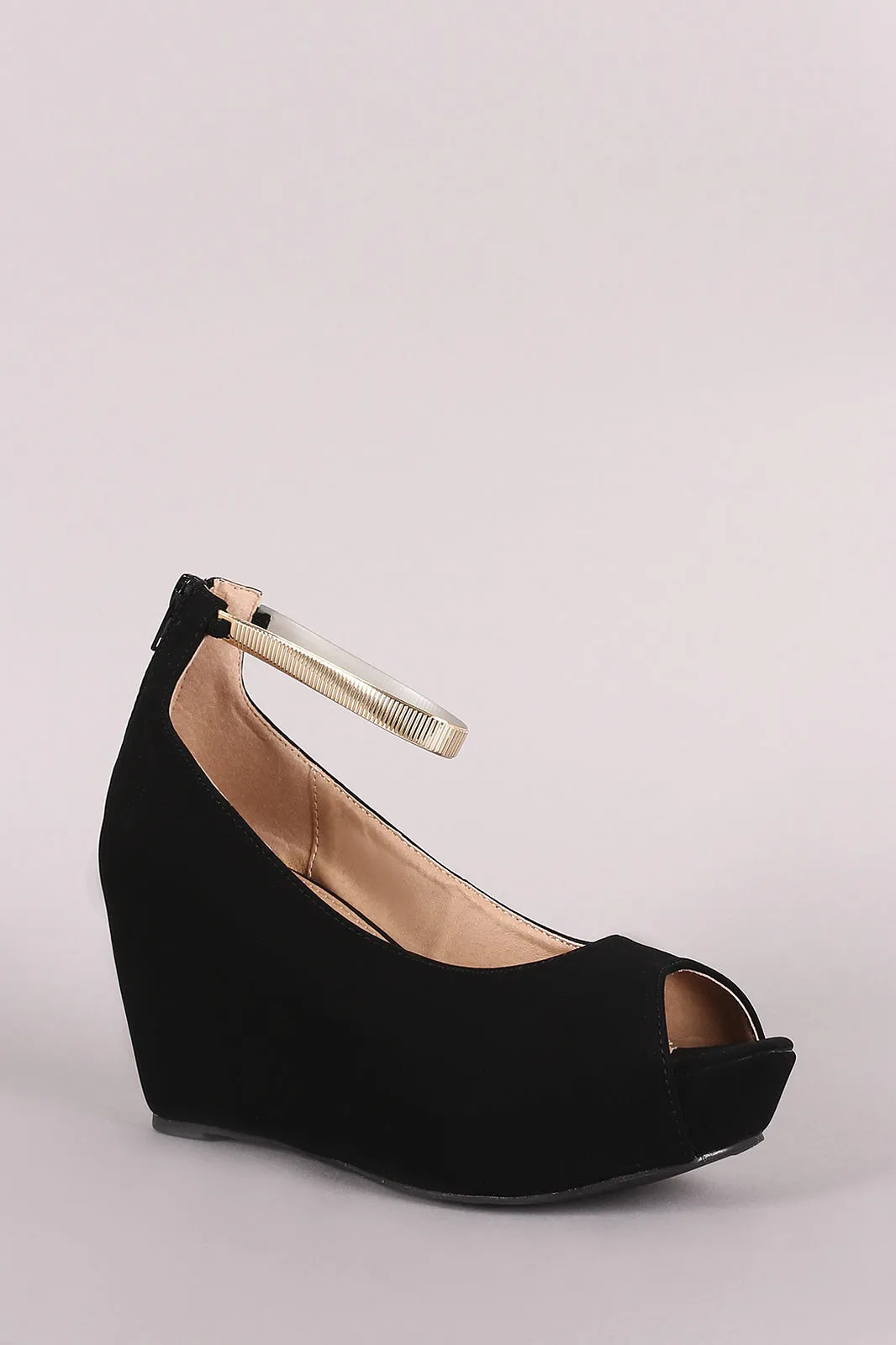 Nubuck Peep Toe Metallic Ankle Strap Platform Wedge