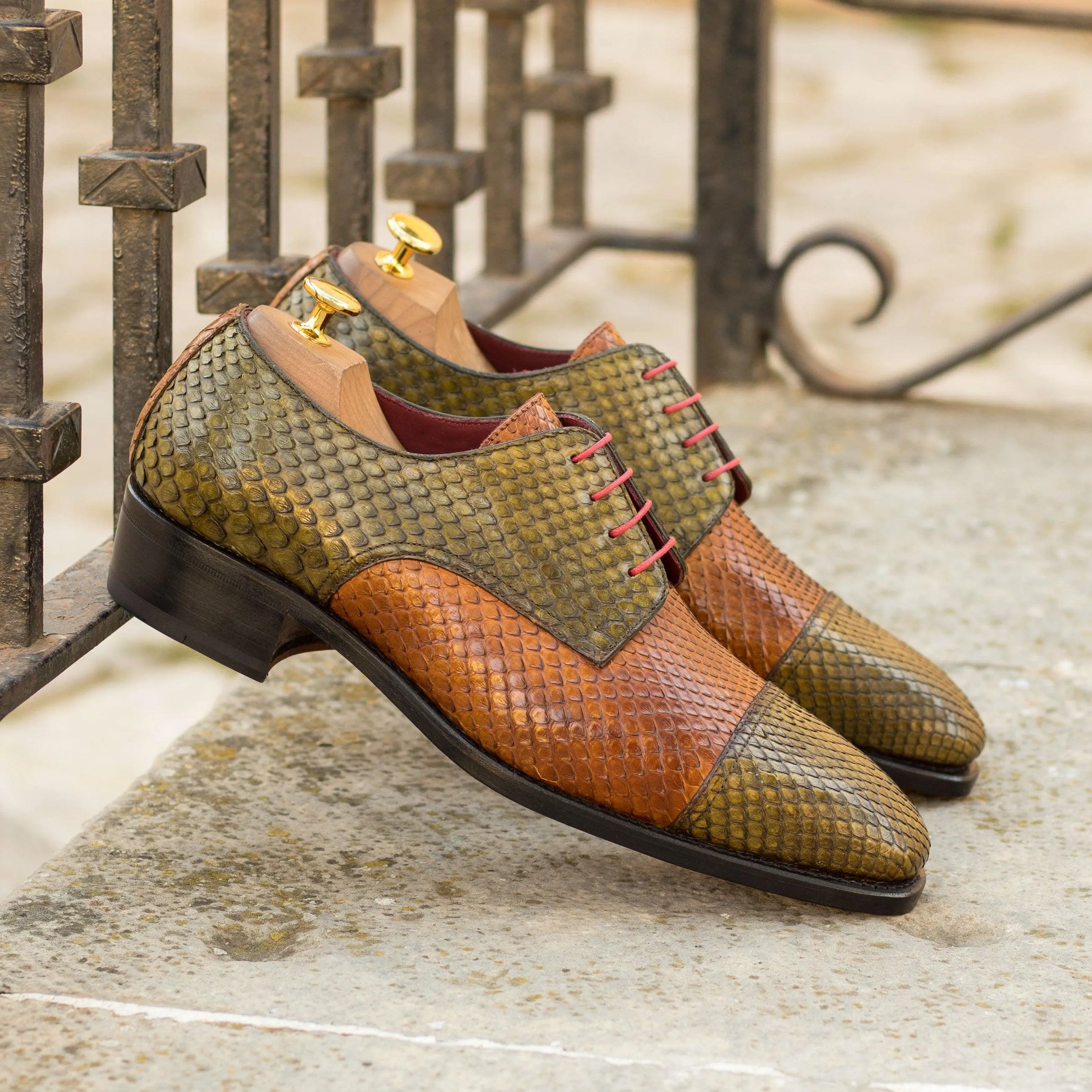 Olive & Cognac Genuine Python Derby Shoes