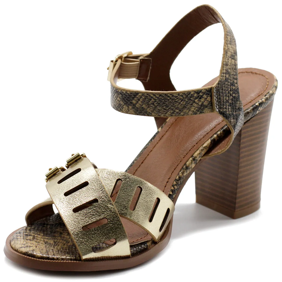 Ollio Womens Double Buckle Metallic High Heel Sandal