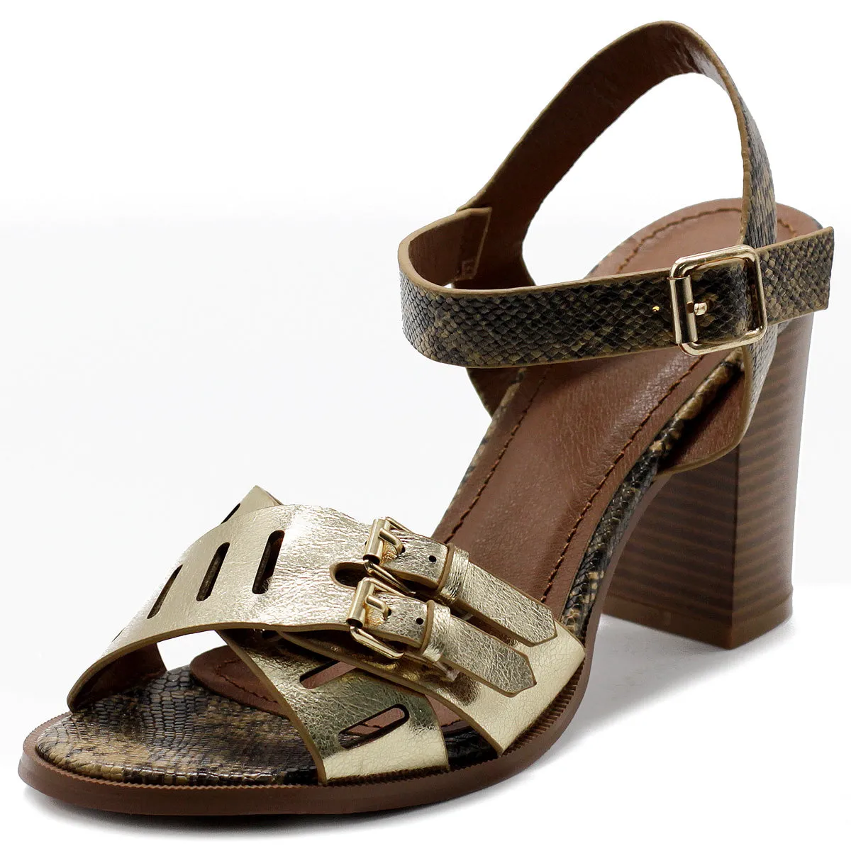 Ollio Womens Double Buckle Metallic High Heel Sandal