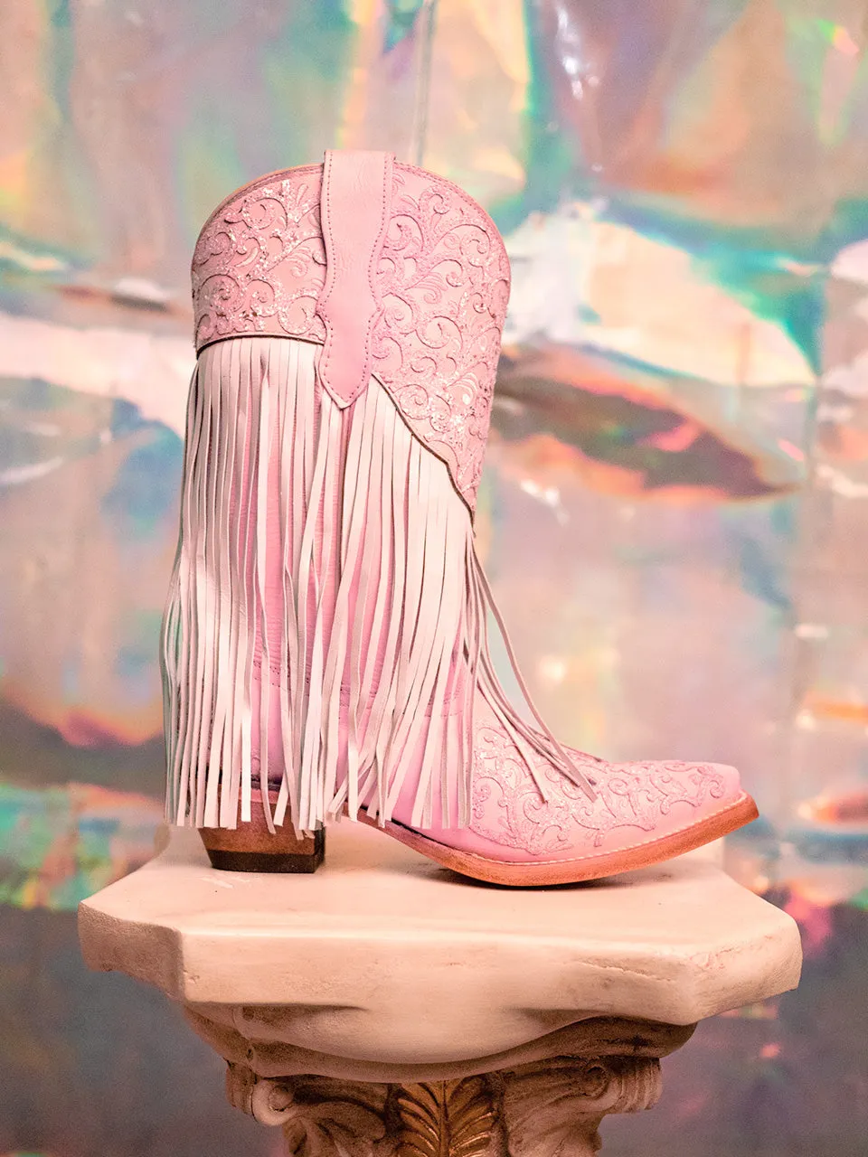 T0155 - TEEN'S BLUSH PINK GLITTER AND FRINGE SNIP TOE COWBOY BOOT