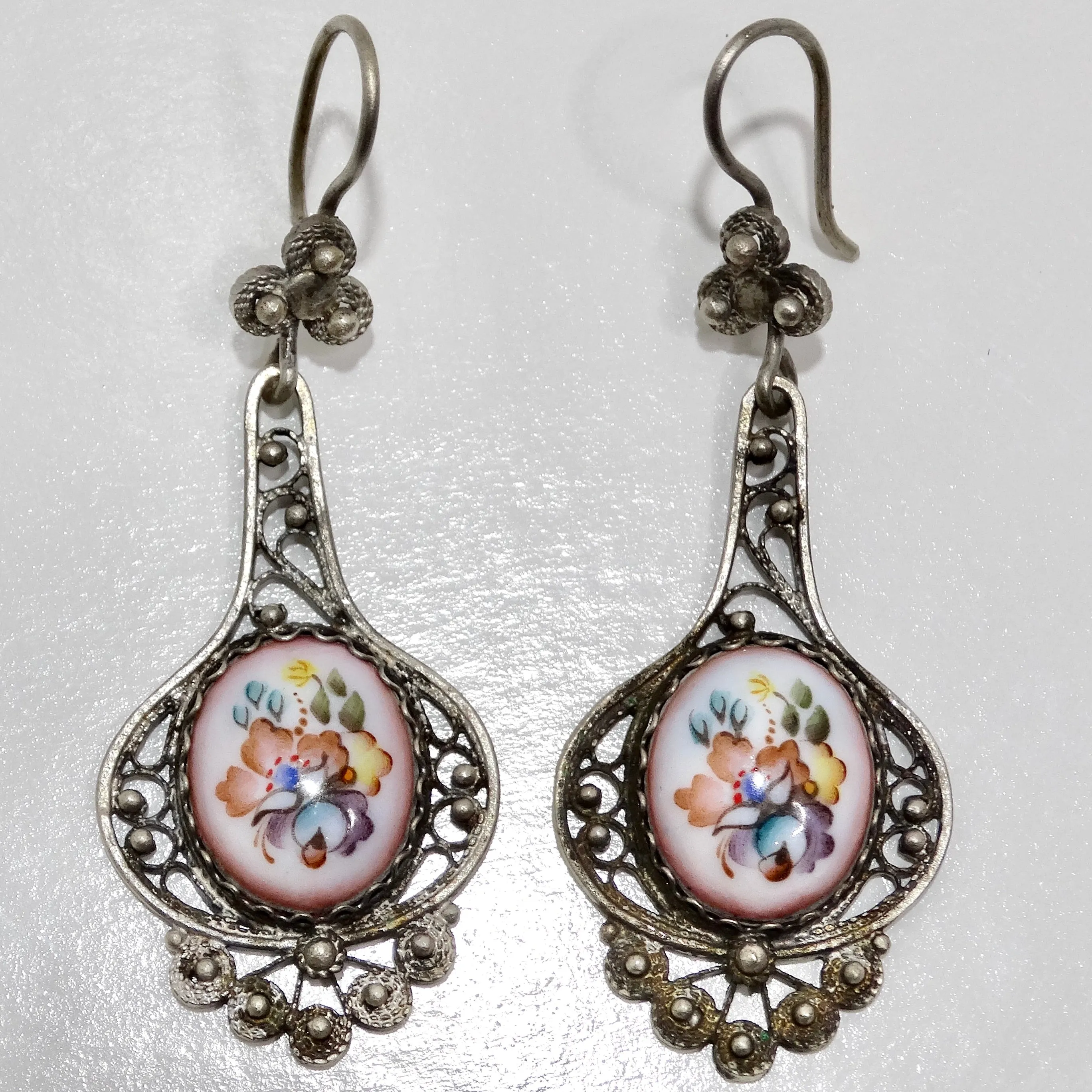 Victorian Floral Porcelain Dangle Earrings