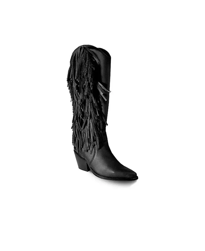 Women'S Knee-High Black Premium Leather Boots with Side Fringe, Ely By