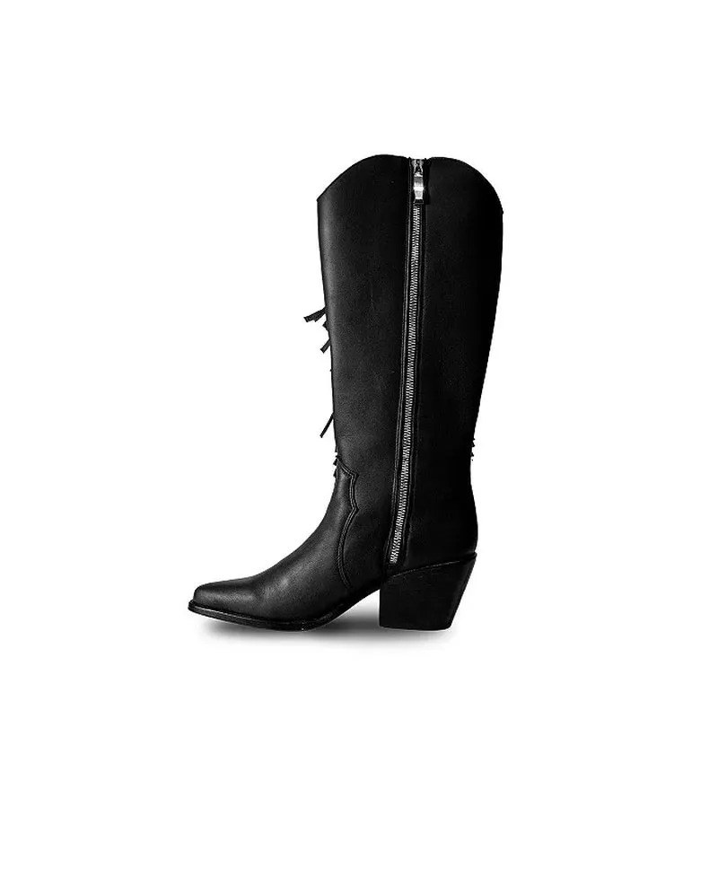 Women'S Knee-High Black Premium Leather Boots with Side Fringe, Ely By