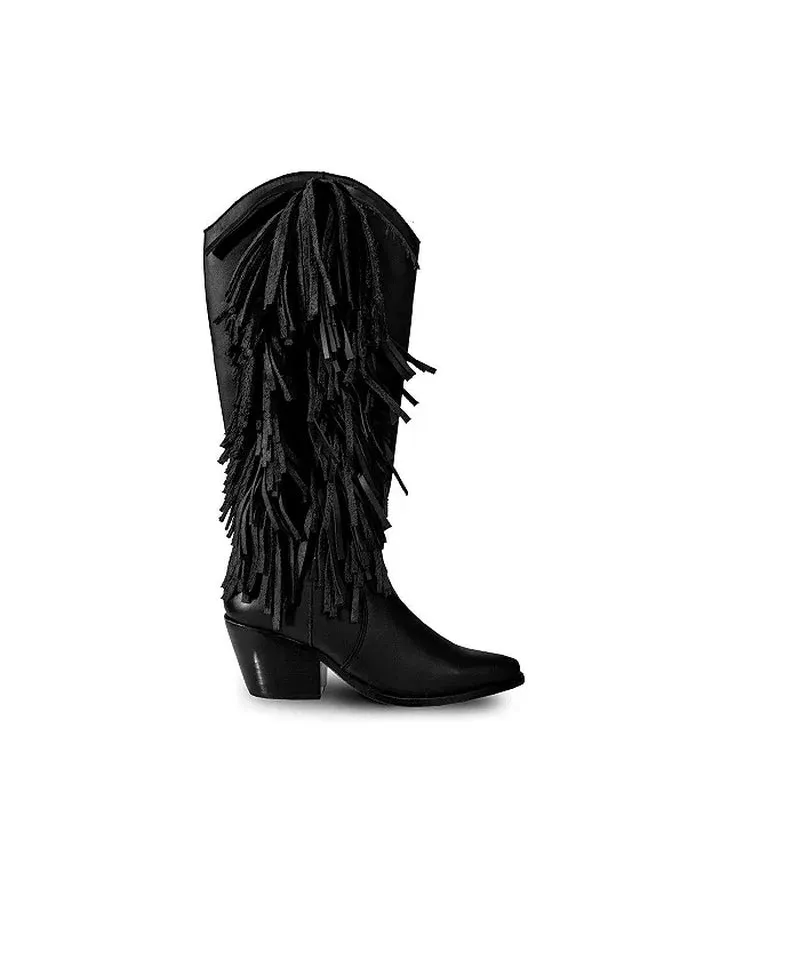 Women'S Knee-High Black Premium Leather Boots with Side Fringe, Ely By